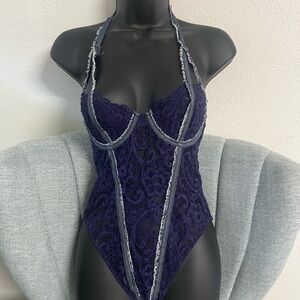 Lace Halter Bodysuit in Navy and Gray